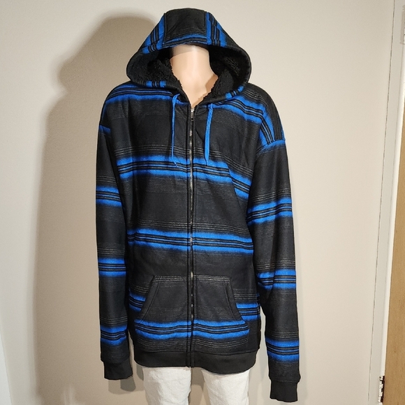 Men's Black and Blue Striped Zip-Up Sweater - Picture 2 of 8